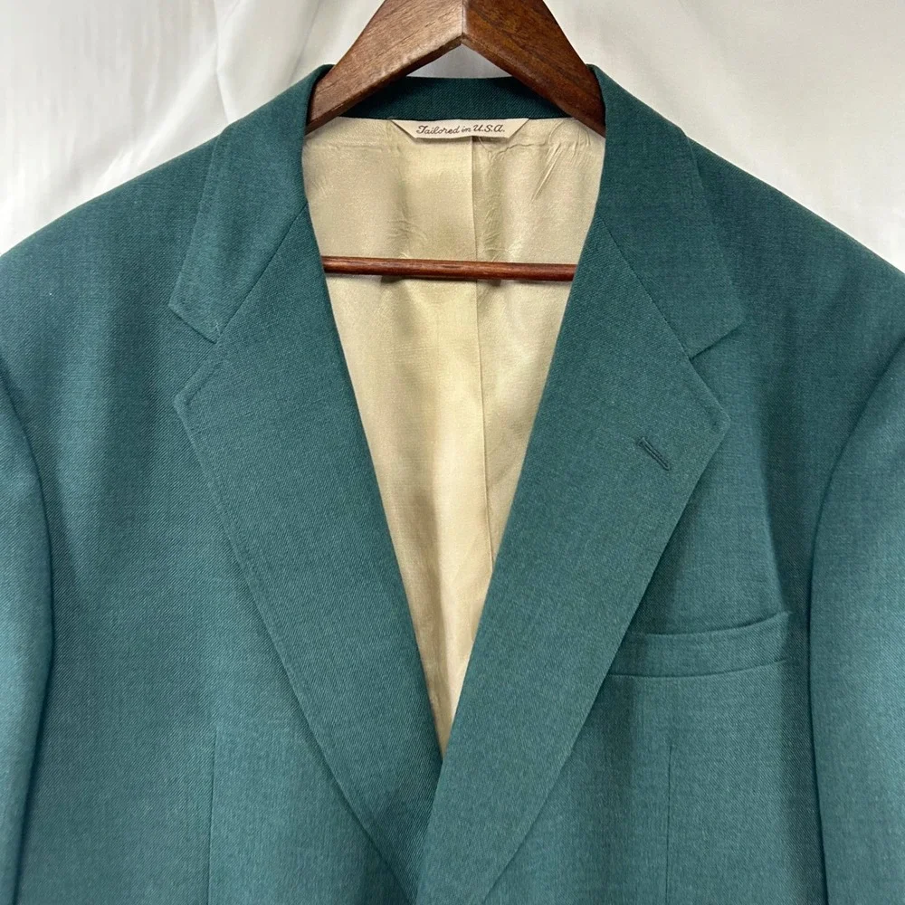 Stafford Blazer Mens 46R Green Two-Button Gold Crest Buttons USA Made